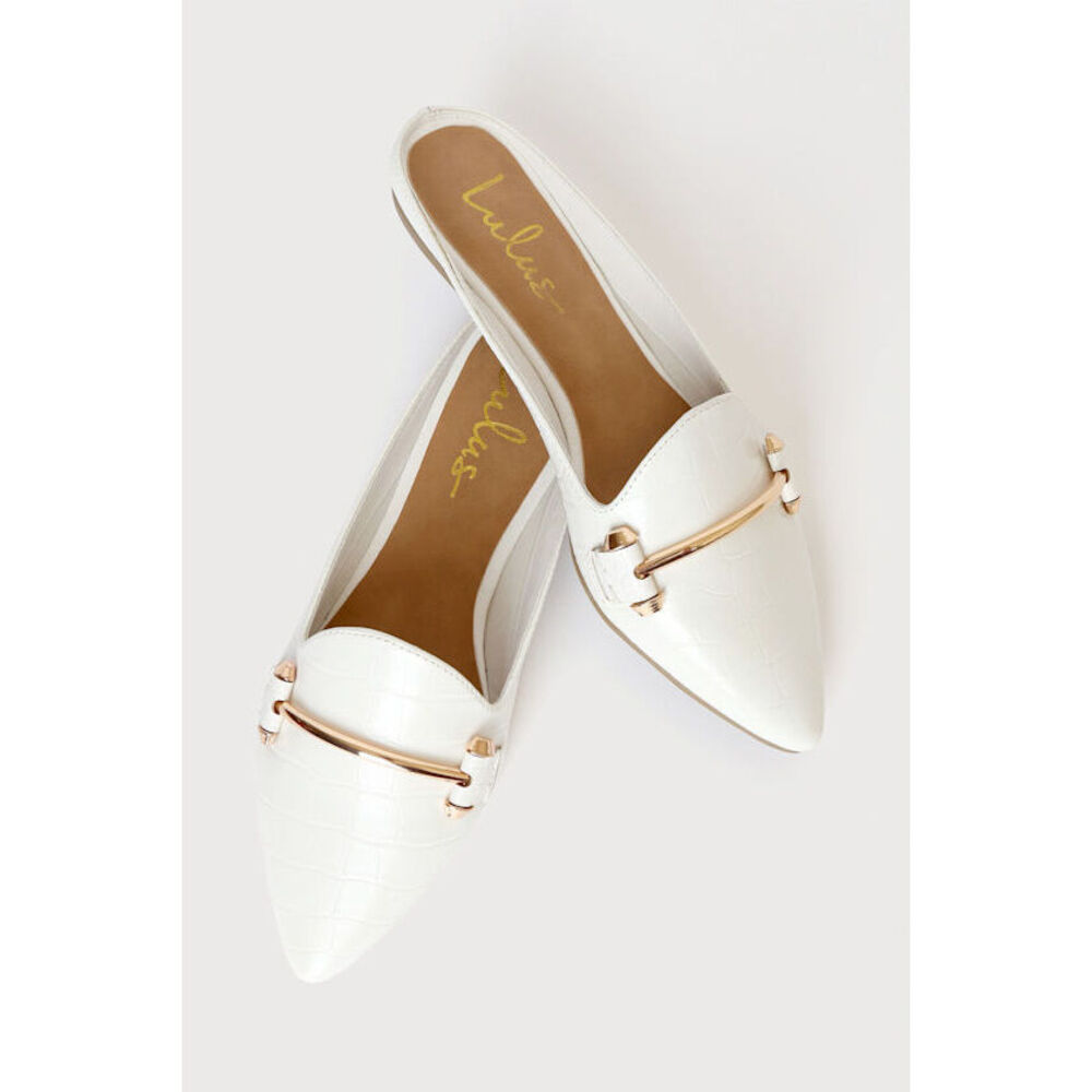Lulus Chelsie White Crocodile Embossed Pointed-toe Loafer Slides - Size 8